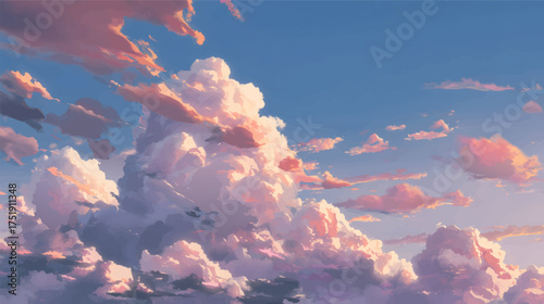 A beautiful sky filled cartoon anime illustration with fluffy clouds at sunset, showcasing vibrant colors of pink, orange, and blue