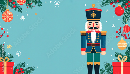Nutcracker soldier standing with christmas decorations frame, with copy space.