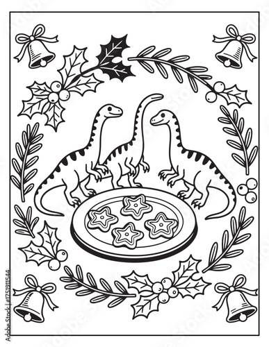 Cute dinosaur christmas coloring page featuring brontosaurus dinosaurs eating star cookies surrounded by holly and bells for festive holiday fun