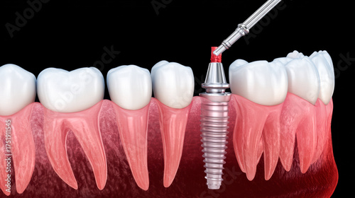 Dental implant procedure performing in jaw bone, dentistry concept