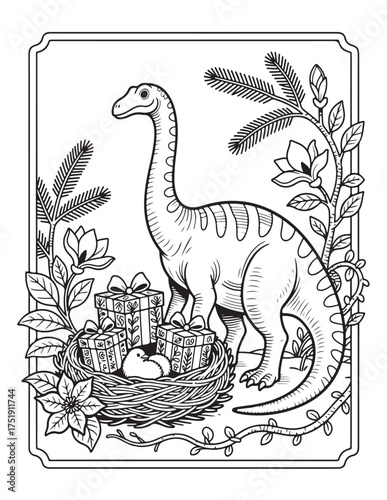 Cute cartoon brontosaurus dinosaur among gifts nest eggs festive holiday decoration outline art