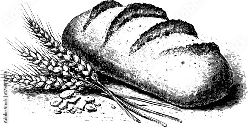 Bread engraving with wheat and flour. Vintage line illustration showcasing traditional baking in detailed vector style.