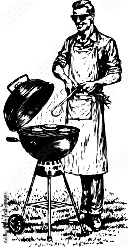 Vintage engraving of a man grilling outdoors. The illustration features a grill and apron in a bold line art style, perfect for food-related designs, vector art.