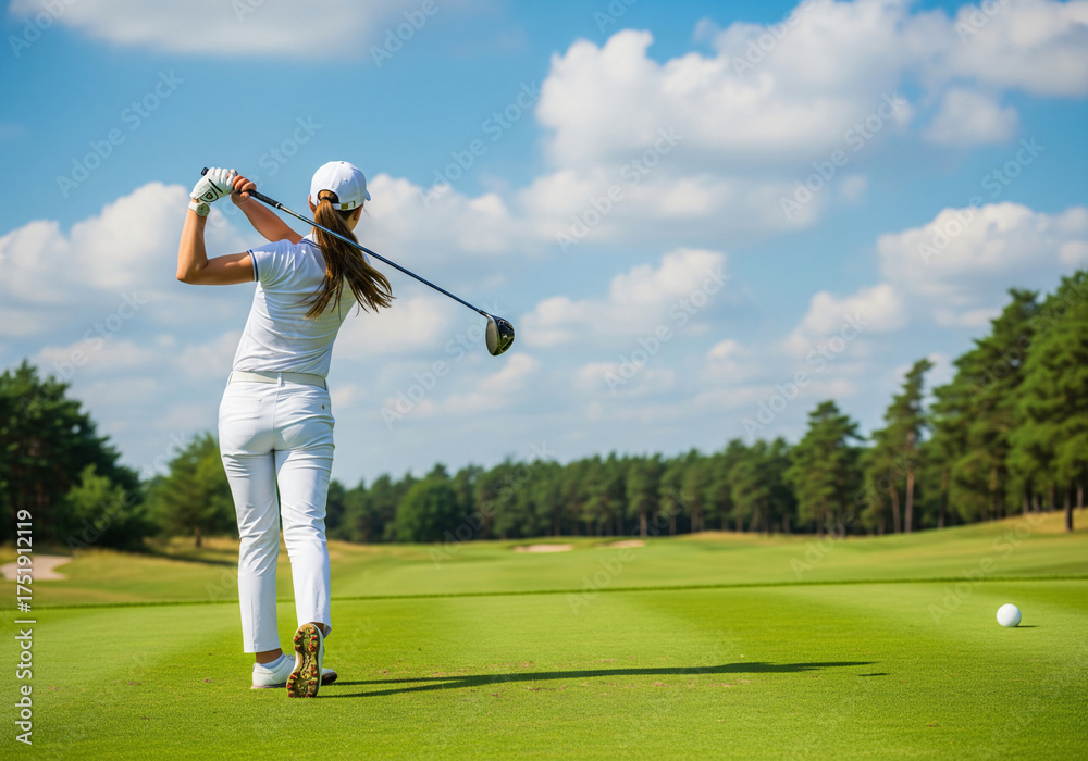 Obraz premium Golfer woman wearing a white sports outfit in the middle of her swing on a sunny day with a golf course background with green grass and palm trees.