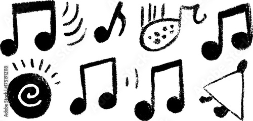 Set of music notes and sound icons in a flat design style. Modern vector illustration with black and white textures and various shapes.