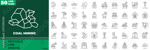 Coal Mining line editable icon set. Contain icons related to coal, mining, miner, excavation, helmet, pickaxe, shovel, and more