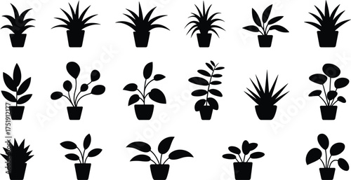 collection of potted plant silhouette icons, minimalist black houseplant shapes, decorative indoor flora set,