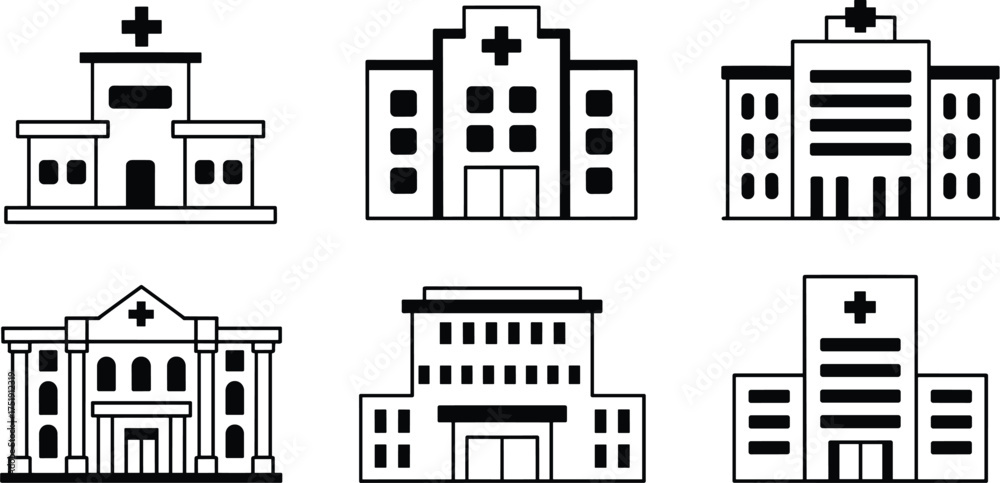 Fototapeta premium Collection of six black and white hospital building icons, minimalist medical center designs, healthcare facility illustrations,