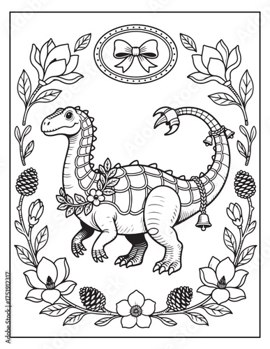 Charming brontosaurus dinosaur outline decorated with festive ribbons and flowers perfect for coloring pages