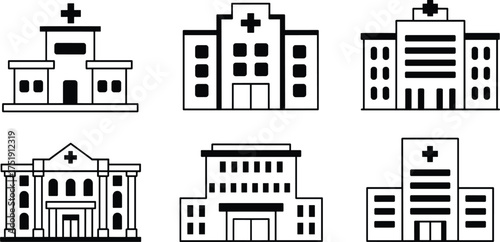 Collection of six black and white hospital building icons, minimalist medical center designs, healthcare facility illustrations,