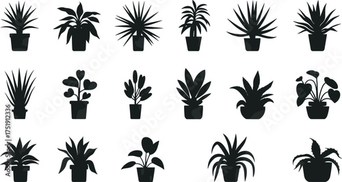 collection of potted plant silhouette icons, minimalist black houseplant shapes, decorative indoor flora set,