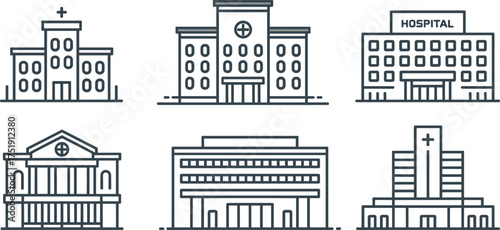 Collection of six black and white hospital building icons, minimalist medical center designs, healthcare facility illustrations,