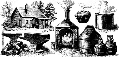 Engraving of an antique house set with tools and equipment. Hand-drawn vector illustration features an anvil, furnace, and bottles in a vintage style.