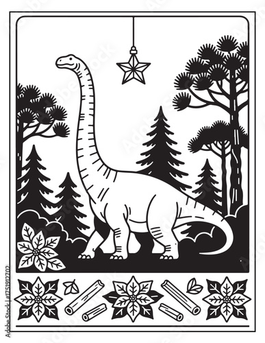 Whimsical brontosaurus dinosaur silhouette surrounded by festive christmas decorations and pine trees art