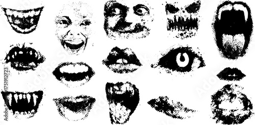 Mouth and face expressions showcasing emotions: happy, angry, surprise, and fear. Black and white illustration set featuring unique vector graphic styles.