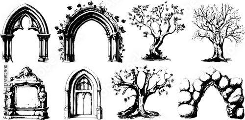 Vector illustration set of various trees and arches. The monochrome graphic elements showcase vintage designs of natural structures.