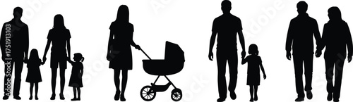 Happy family walking together with child and dog silhouette, outdoor lifestyle concept, parents holding hands,