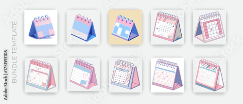 Calendar mockup with blank pages and spiral. Desktop vertical paper calender mock up front and side view isolated on white background. Agenda, almanac template. Realistic 3d vector illustration, set