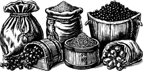 Antique sugar and spice bags illustrated in a vintage style. This black and white vector illustration showcases detailed design elements in a unique set.