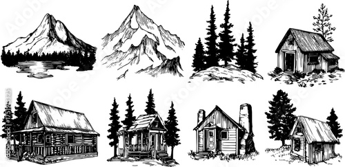 Black and white vector illustration of mountains, cabins, and trees in a natural setting. This set captures a rural outdoor landscape.