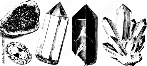 Set of crystals and gems in line art style. Features quartz, diamond, and mineral elements in a detailed vector illustration.