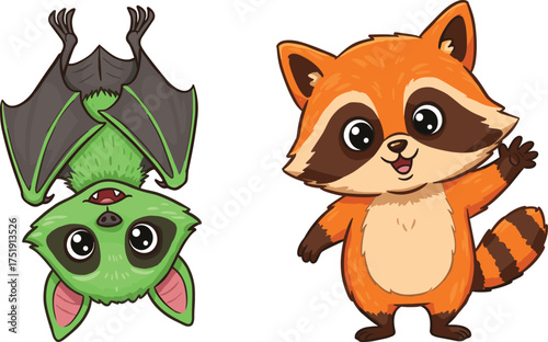 Cute Cartoon Green Bat Hanging Upside Down Next to Friendly Orange Raccoon Waving Hand, Funny Nocturnal Forest Animals and Wildlife Characters, Isolated White Background.