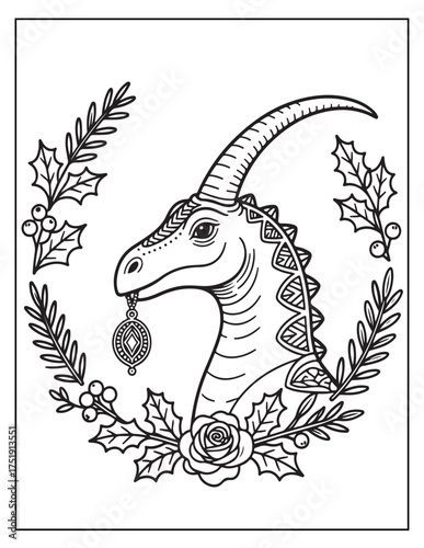 Whimsical dinosaur head adorned with festive holly wreath and christmas ornament holding concept