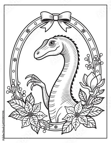 Whimsical raptor dinosaur in festive floral frame with bow captivatingly drawn for creative projects