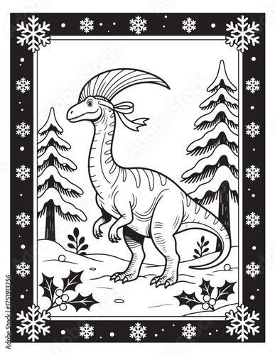 Cute parasaurolophus dinosaur in snowy forest with snowflake border festive winter scene