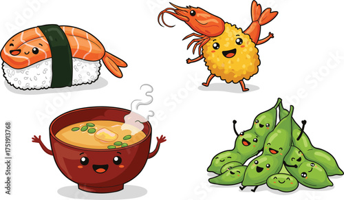 Cute cartoon Japanese food characters, sushi, shrimp tempura, miso soup, edamame illustration, kawaii Asian cuisine vector art, funny food mascots