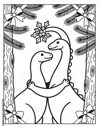 Cute dinosaur couple hugging under snowflake christmas tree branches festive holiday celebration adorable love story
