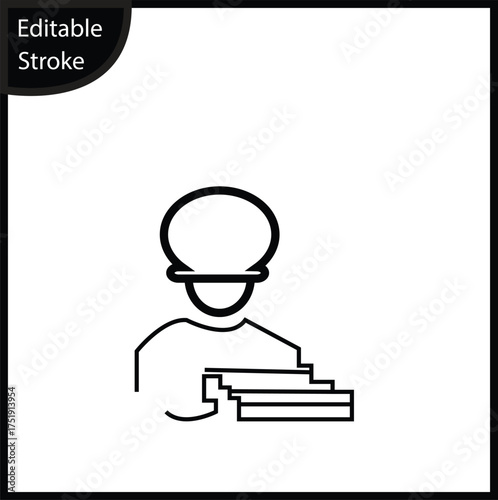 Minimalist line icon depicting an office worker or employee carrying a stack of documents or papers. The simple, modern design features an editable stroke, making it easy to integrate into business.