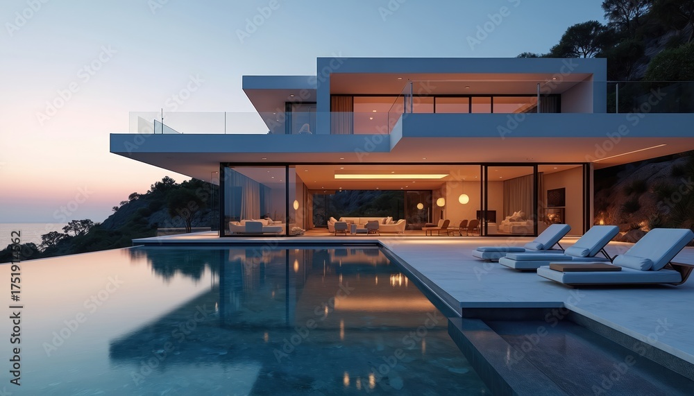 Fototapeta premium Modern luxury villa sits on cliff overlooking ocean. Infinity pool reflects warm interior lights. Sleek architecture with expansive glass walls offers panoramic sea views. Elegant lounge chairs wait