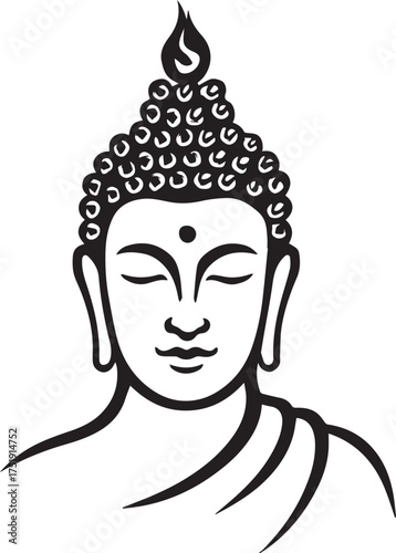 Buddha silhouette vector illustration in black and white with serene face, closed eyes, urna, flame symbol and robe for spiritual and cultural themes