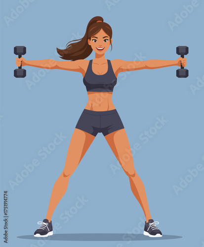 Sportswoman dumbbell lateral raise exercise workout