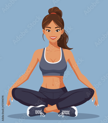 Sportswoman sitting crossed legs lotus position fitness