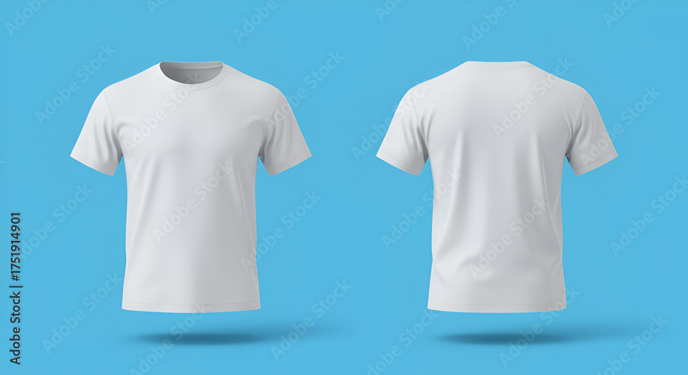 Fototapeta premium White T Shirt Front and Back View on Bright Blue Background