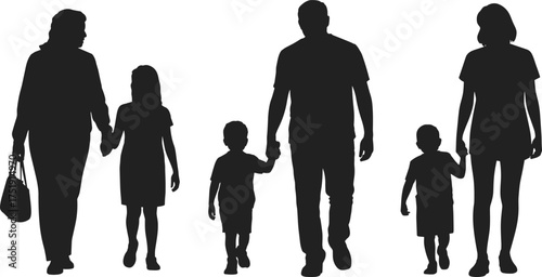 Silhouette of diverse family walking together holding hands, parents with children on white background symbolizing love, unity,