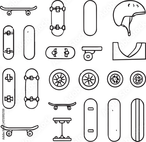 Skateboard equipment icon set vector illustration in black and white with decks, wheels, trucks, helmet and ramp for sports and design themes