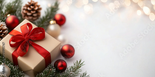 Merry Christmas and Happy Holidays greeting card, frame, banner. New Year. Red and white Christmas decorations, gift box, present on snow bokeh background. Winter xmas festive celebration theme.	