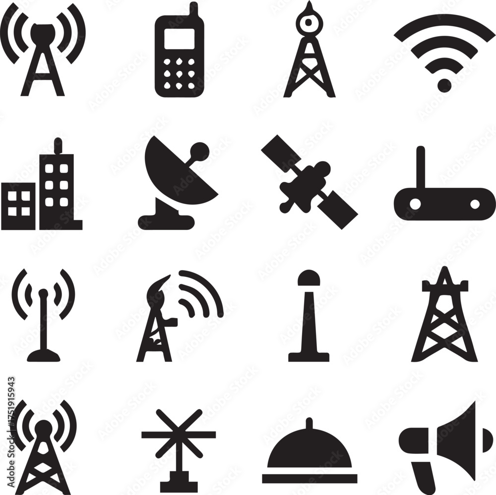 Fototapeta premium Communication and broadcasting icon set vector illustration in black and white with 16 symbols including towers, satellites, routers and signals