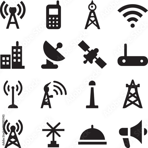 Communication and broadcasting icon set vector illustration in black and white with 16 symbols including towers, satellites, routers and signals