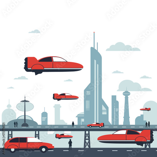 Futuristic Cityscape with Flying Cars and Modern Architecture.