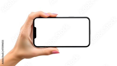 Hand holding Smartphone iPhone 14 pro as png photo and isolated on white background for your mobile phone app or web site design, logo Global Business technology