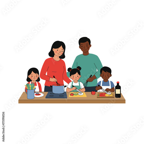 Happy diverse family with three children cooking together.