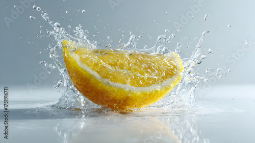 Grapefruit slice splashing into water with bubbles and red background