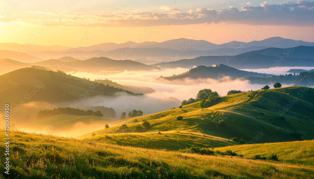 Obraz premium Sunrise over misty mountain hills