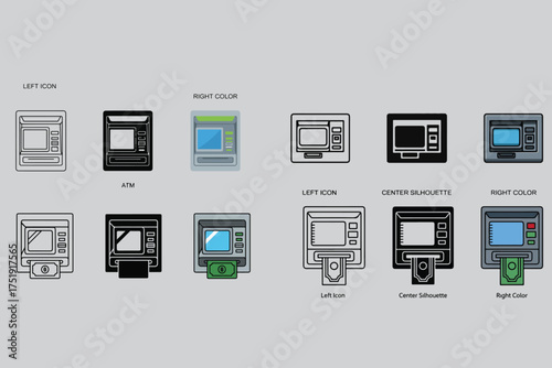 Diverse collection of atm machine icons and graphics for digital and print media