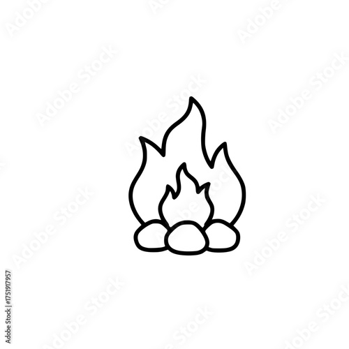Simple campfire line icon with burning flames and rocks, a minimalist outline graphic for outdoor adventure themes