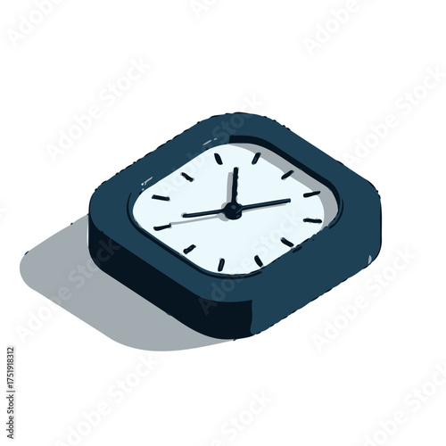 Modern, minimalist dark blue square clock with face and black hands, casting soft shadow on transparent, representing time, punctuality, and modern design